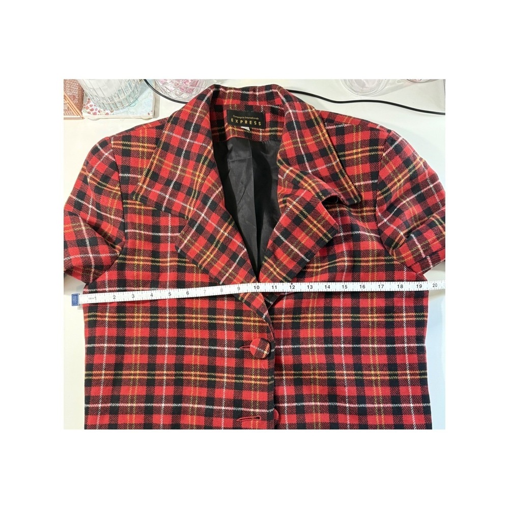 Vintage Compagnie Internationale Express Plaid Wool Blazer Red Black Cropped Med - Picture 6 of 8